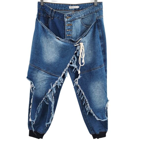 MISSLOOK Blue Asymmetrical Distressed Jeans Button Fly Jogger Style Women's L - Picture 1 of 7